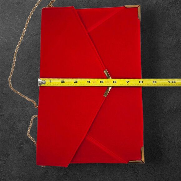 Red Velvet Envelope Clutch Purse Gold Chain Strap Evening Bag Wedding Party - Picture 8 of 8